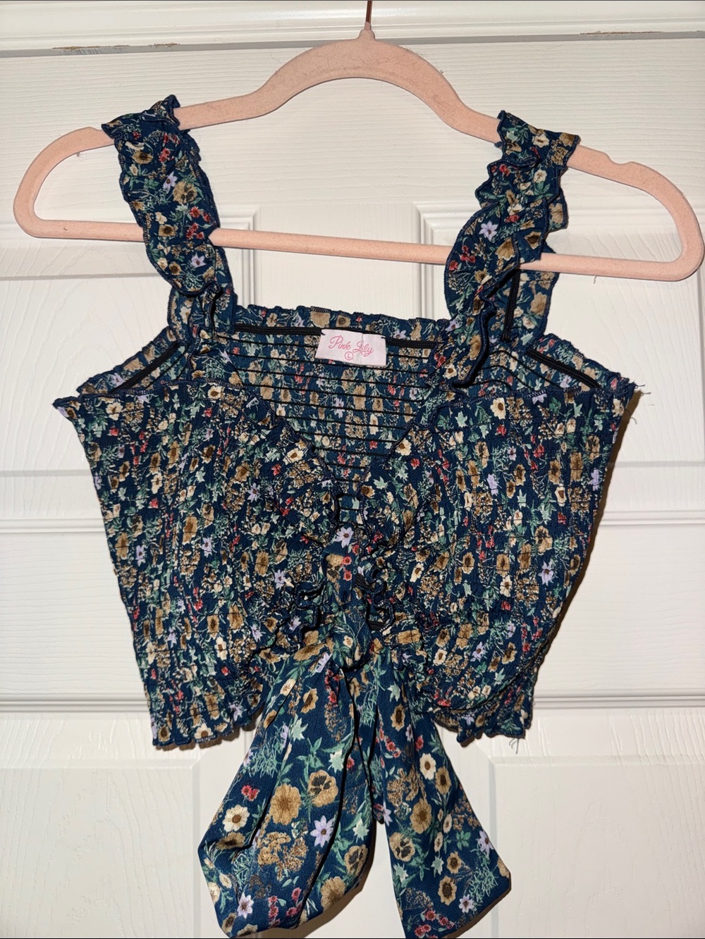 Pink Lily Dark Floral Tie-Front Smocked Camisole